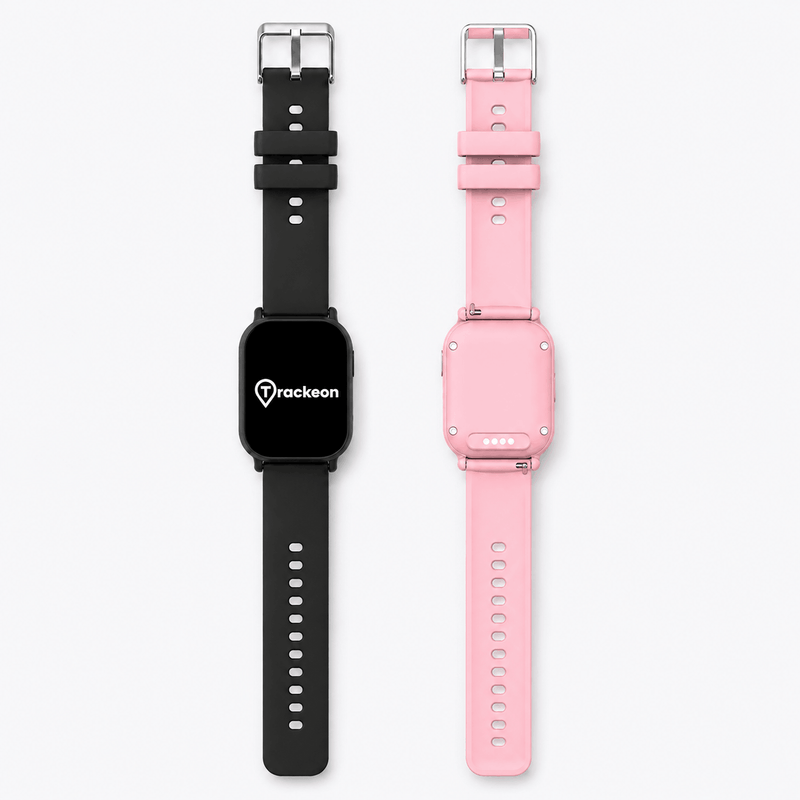 Vorder- und Rückansicht der GPS-Kinderuhr in Schwarz und Rosa