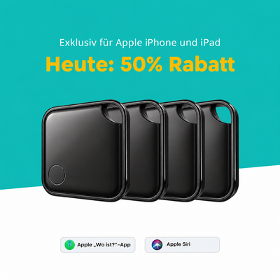 Vier schwarze SmartTags für Apple iPhone und iPad mit der „Wo ist?“-App.