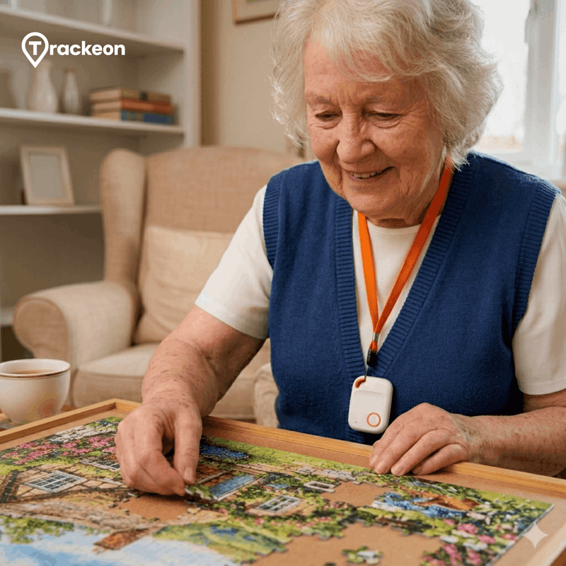 Ältere Frau mit Notrufknopf beim Puzzeln