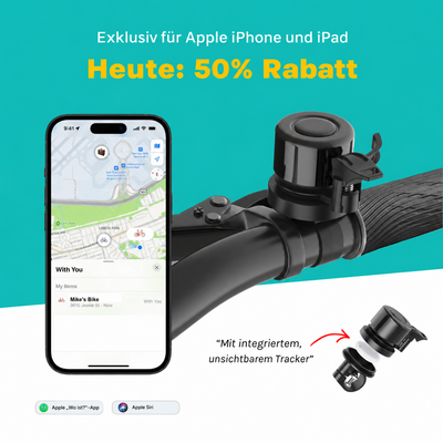 Schwarze Fahrradklingel mit integriertem Tracker für die Apple „Wo ist?“-App.