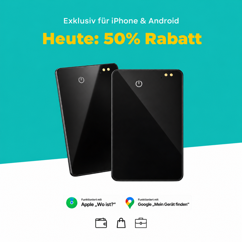 Zwei schwarze Smartcards zur Ortung mit Apple „Wo ist?“ und Google „Mein Gerät finden“.
