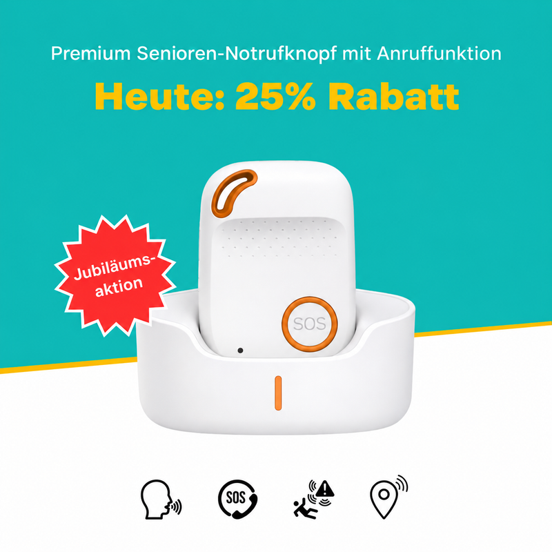 Weißer Senioren-Notrufknopf mit SOS, Anruffunktion und Ladestation.