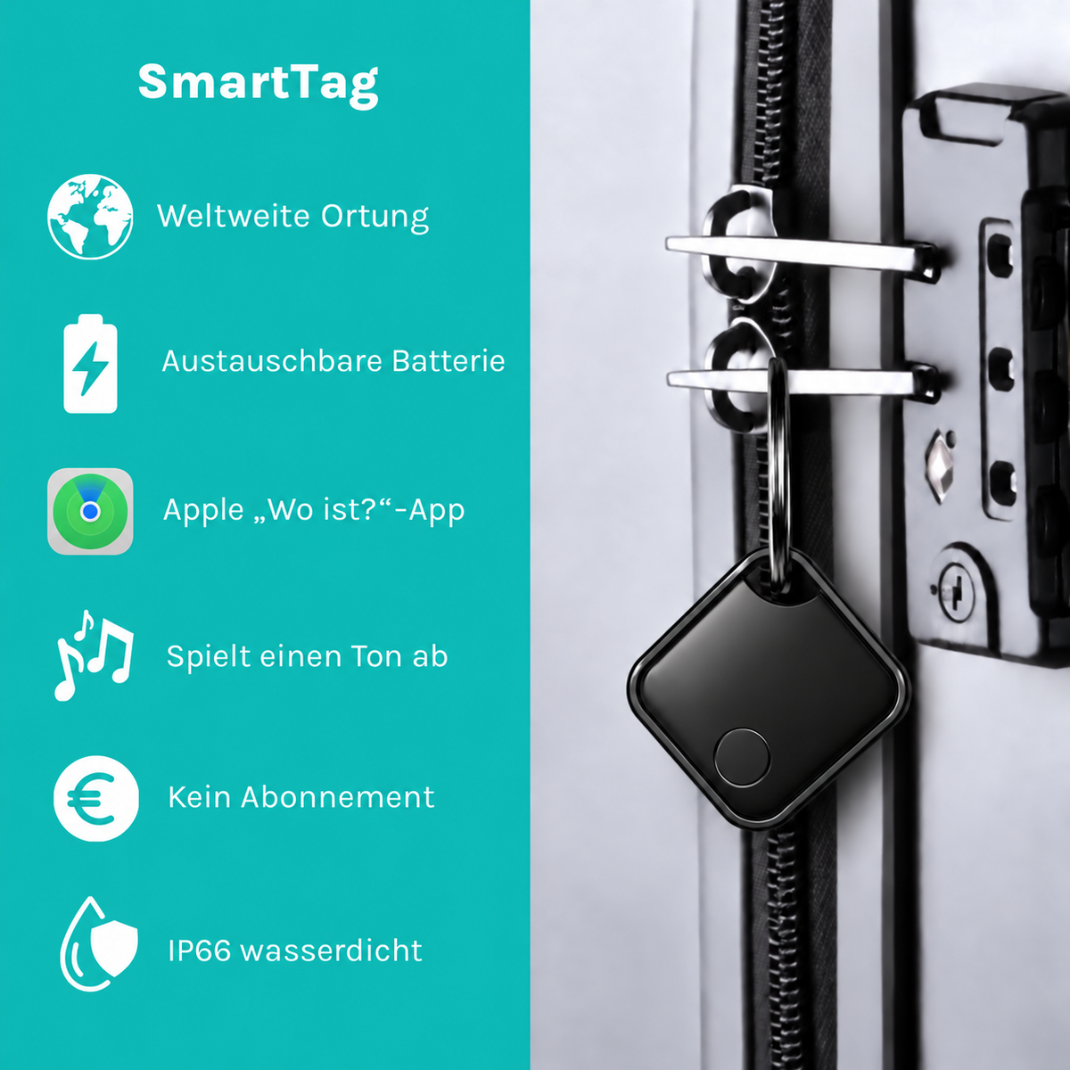 SmartTag an einem Koffer mit Übersicht zu Apple „Wo ist?“, Ortung, Batterie, Tonsignal und IP66-Schutz.