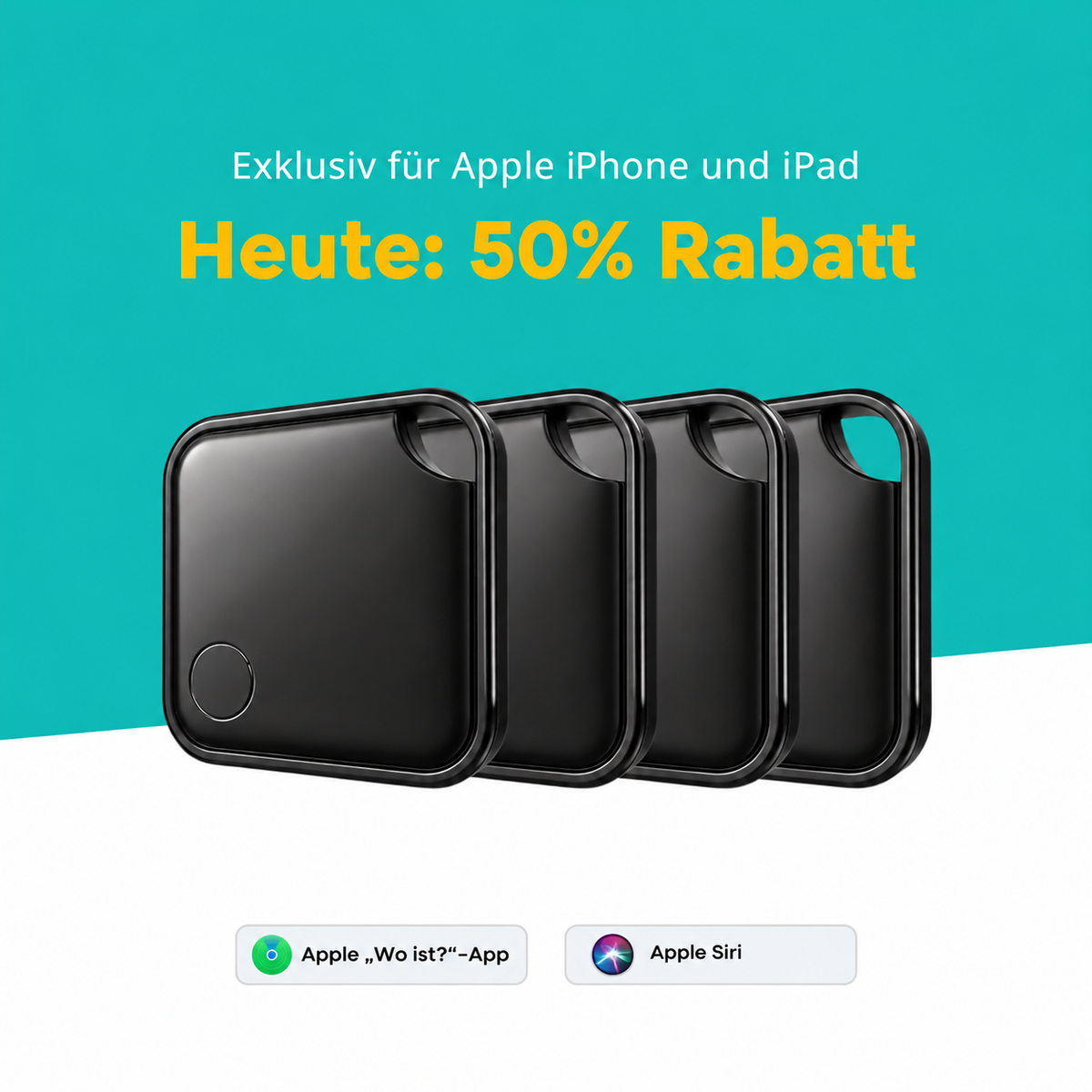 Vier schwarze SmartTags für Apple iPhone und iPad mit der „Wo ist?“-App.