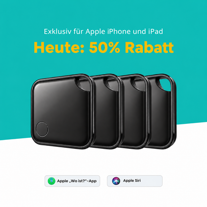 Vier schwarze SmartTags für Apple iPhone und iPad mit der „Wo ist?“-App.
