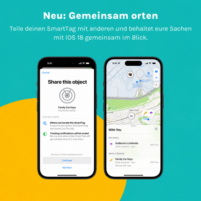 Zwei iPhones zeigen das Teilen eines SmartTag-Standorts mit iOS 18.