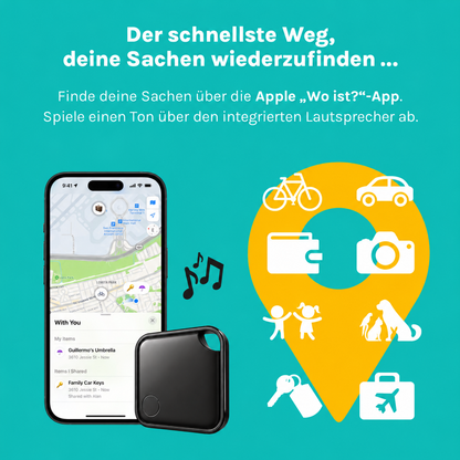 SmartTag neben iPhone und Symbolen für Schlüssel, Fahrrad, Auto und Gepäck.