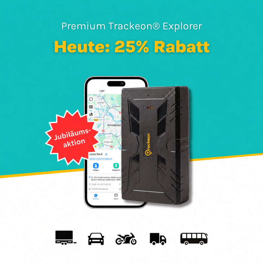Trackeon Explorer 4G GPS-Tracker neben einem Smartphone mit Standortkarte.
