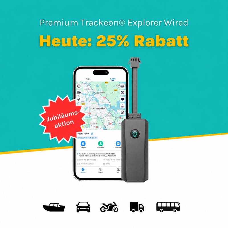 Trackeon Explorer Wired 4G GPS-Tracker mit Kabelanschluss und Smartphone.
